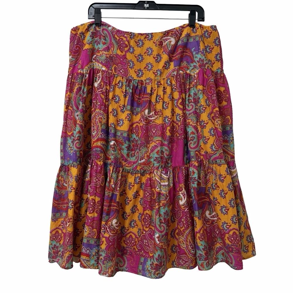Lauren Ralph Lauren Paisley Tiered Peasant Midi Skirt Size L Pink Gypsy Bohemian